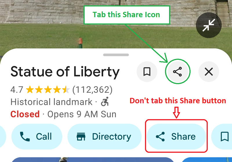 Tap the Share icon, not the Share button, in the Google Maps app